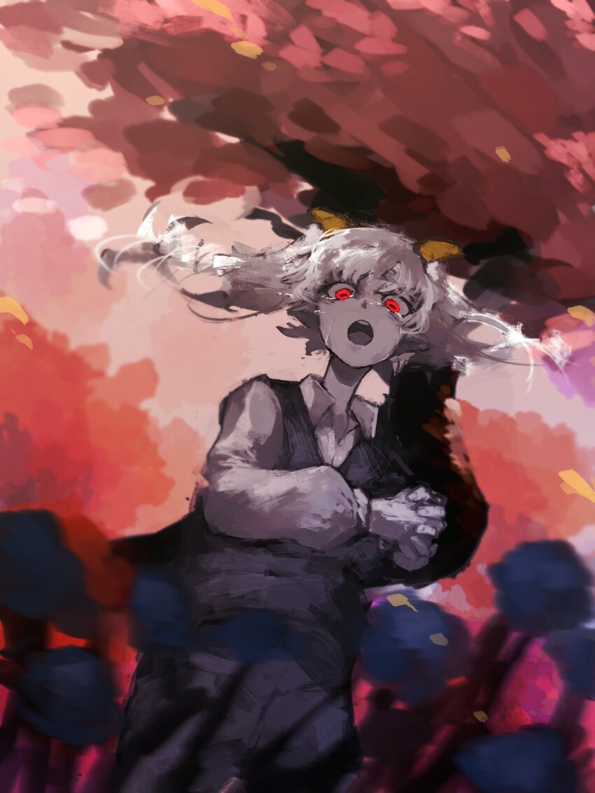 1boy, animal_ears, collared_shirt, commentary, crying, crying_with_eyes_open, glowing, glowing_eyes