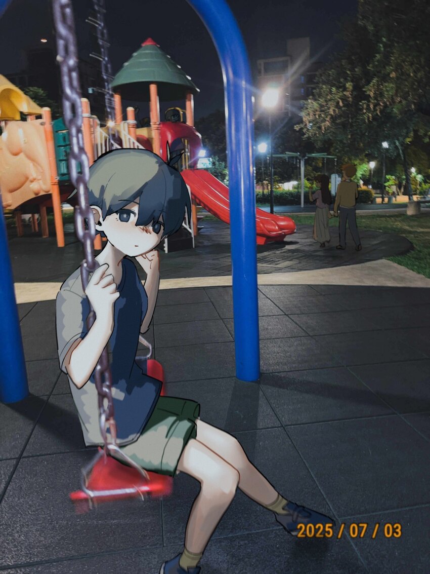 2girls, 3boys, alternate_costume, antenna_hair, arm_up, aubrey_(faraway)_(omori), aubrey_(omori), black_eyes, black_hair, black_shirt, brown_hair, brown_socks, closed_mouth, green_shorts, hero_(faraway)_(omori), hero_(omori), highres, kel_(faraway)_(omori), kel_(omori), long_hair, looking_at_viewer, mari_(faraway)_(omori), mari_(omori), multiple_boys, multiple_girls, night, o51515o, omori, on_swing, outdoors, photo_background, playground, shirt, short_hair, short_sleeves, shorts, sky, slide, socks, sunny_(omori), swing, swing_set, t-shirt, tree