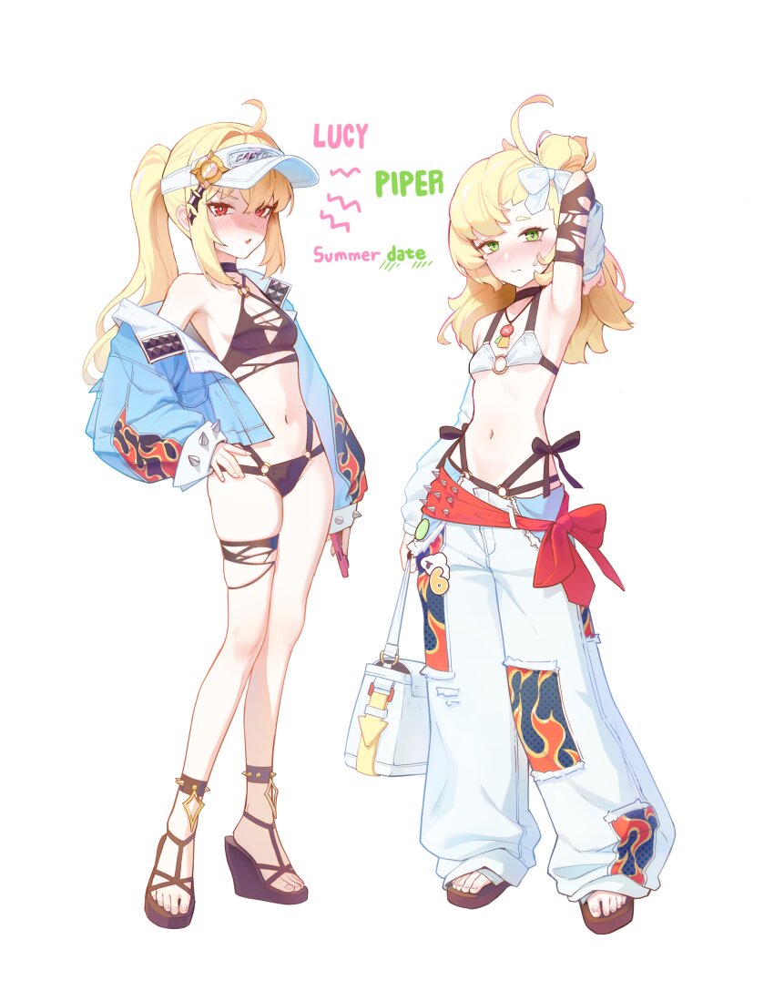 2girls, absurdres, ahoge, arm_up, armpits, bag, baggy_pants, bare_shoulders, bikini, black_bikini, black_choker, blonde_hair, blush, bow, breasts, cellphone, choker, closed_mouth, feet, fingernails, full_body, green_eyes, hair_between_eyes, hair_bow, hand_on_own_hip, high_heel_sandals, high_heels, highres, jacket, loli, long_hair, long_sleeves, looking_at_viewer, luciana_de_montefio, multiple_girls, navel, off_shoulder, ohoo_7am, open_mouth, pants, phone, piper_wheel, ponytail, sandals, simple_background, small_breasts, smartphone, standing, sweatdrop, swimsuit, thigh_strap, thighs, toenails, toes, very_long_hair, visor_cap, white_background, white_bikini, white_bow, white_cap, zenless_zone_zero