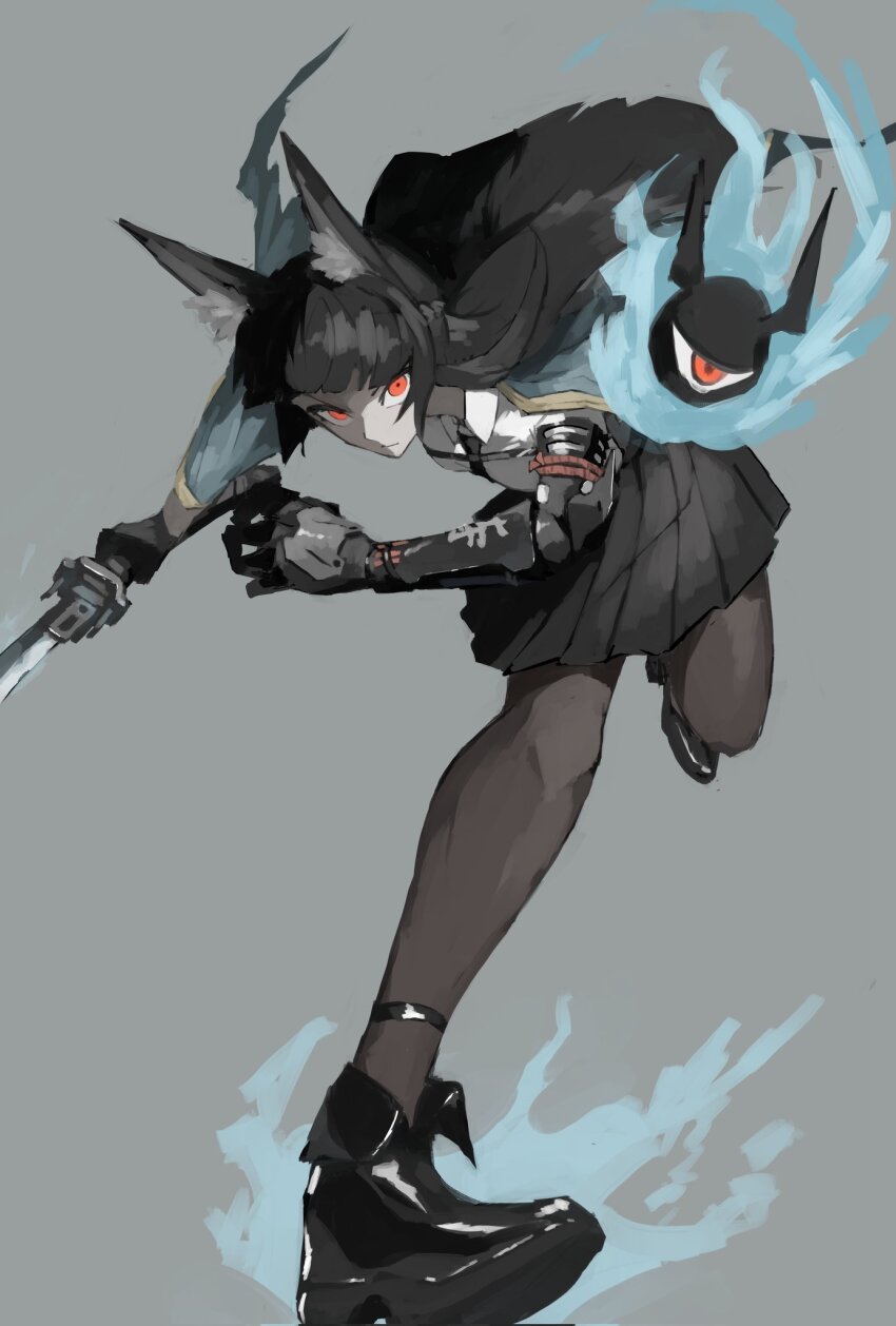 1girl, animal_ear_fluff, animal_ears, black_gloves, black_hair, black_pantyhose, black_skirt, blunt_bangs, closed_mouth, collared_shirt, commentary, dynamic_pose, fox_ears, fox_girl, gloves, grey_background, high-waist_skirt, highres, holding, holding_sword, holding_weapon, hoshimi_miyabi, incoming_attack, katana, long_hair, looking_at_viewer, necktie, pantyhose, pleated_skirt, red_eyes, running, shirt, sidelocks, skirt, solo, sword, weapon, white_shirt, zen_yasai, zenless_zone_zero