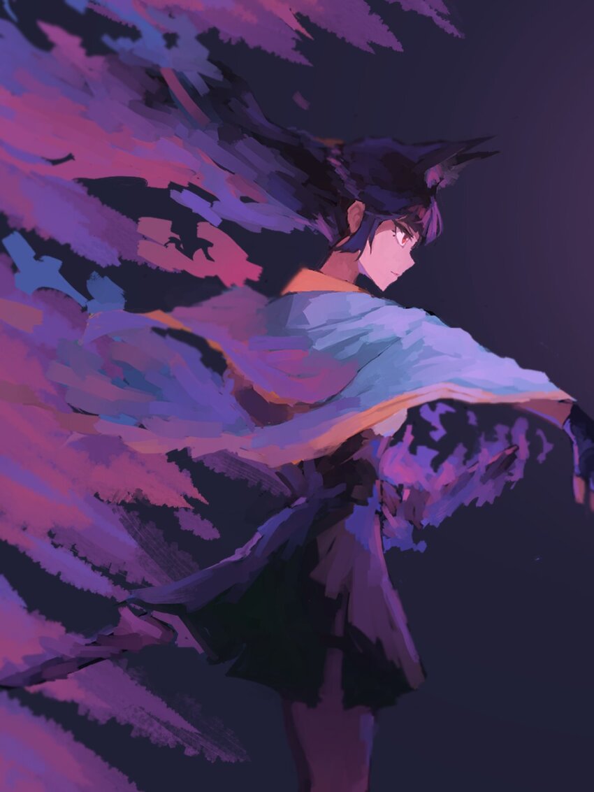 1girl, animal_ear_fluff, animal_ears, black_gloves, black_hair, black_skirt, closed_mouth, commentary_request, fingerless_gloves, fox_ears, fox_girl, from_side, gloves, high-waist_skirt, highres, hoshimi_miyabi, long_hair, profile, purple_theme, red_eyes, shirt, skirt, solo, standing, white_shirt, zen_yasai, zenless_zone_zero