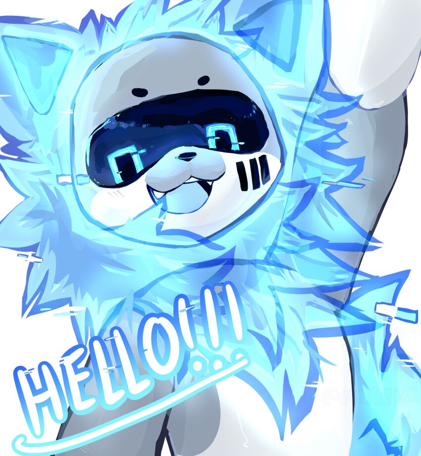 1other, :3, animal_ears, animal_nose, barcode, barcode_tattoo, blue_eyes, blue_fur, blue_tail, cat, cat_ears, changed, colored_skin, fangs, furry, grey_skin, highres, humanoid_robot, looking_at_viewer, metal_skin, neck_fur, open_mouth, prototype_(changed), robot, saintlystarr, smile, tail, tattoo, see-through_fur, upper_body, waving, white_background