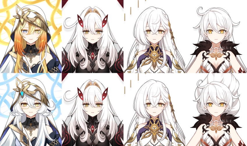 5girls, ahoge, artist_name, asmoday_(genshin_impact), bare_shoulders, black_dress, black_veil, blonde_hair