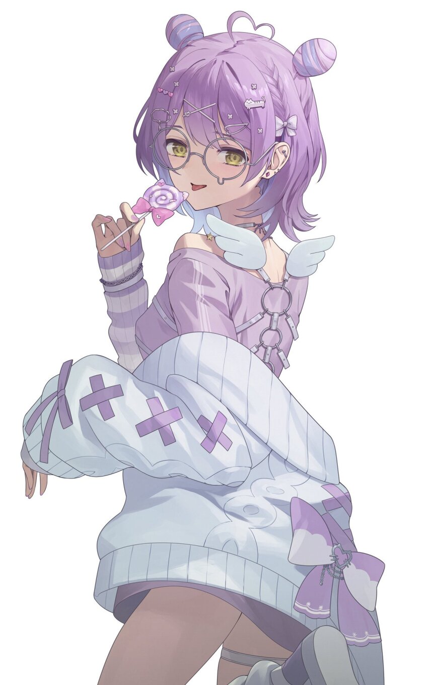 1girl, ahoge, akimikan_(2.5deciliter), blush, bow, braid, candy, cardigan