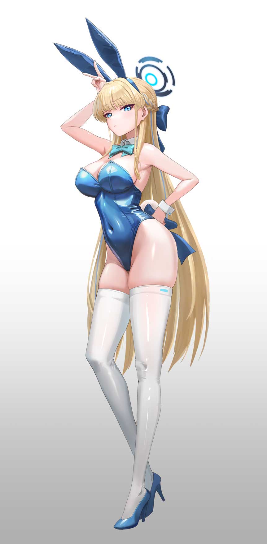 1girl, animal_ear_hairband, animal_ears, arm_up, blonde_hair, blue_archive, blue_bow, blue_eyes