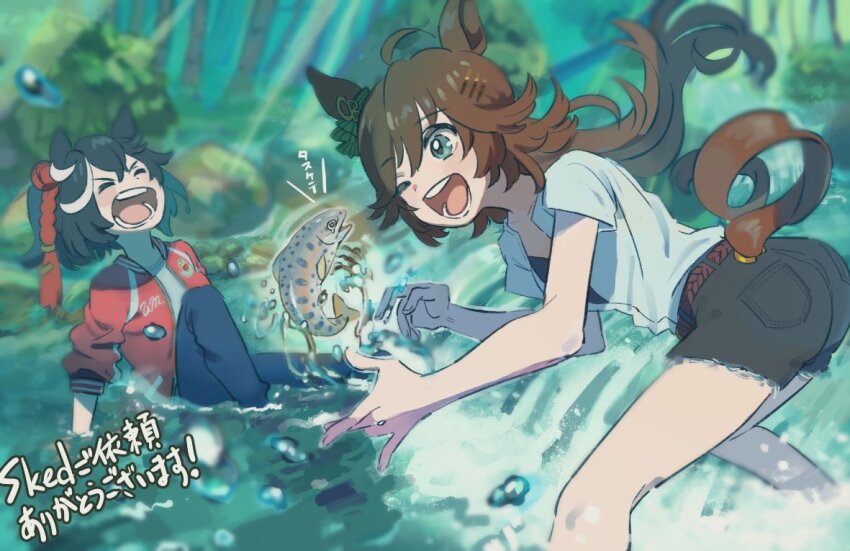 2girls, ahoge, animal_ears, belt, black_hair, black_shorts, blue_pants, blurry