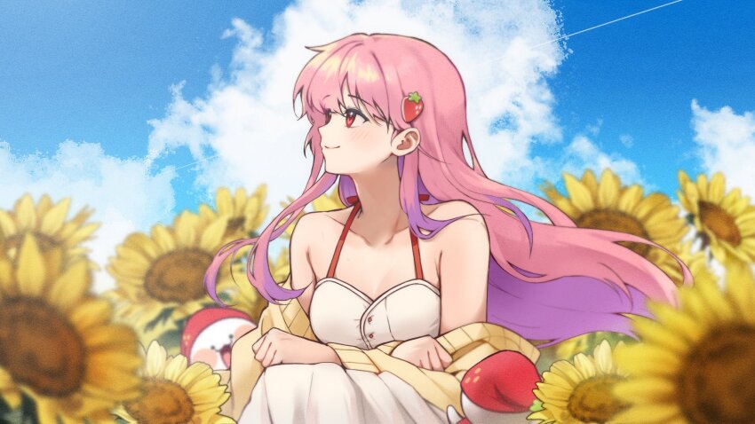 1girl, armpit_crease, blue_sky, blurry_edges, breasts, cardigan, closed_mouth, cloud, collarbone, commentary_request, contrail, day, dress, ekfrleks1, erendira, field, film_grain, floating_hair, flower, flower_field, food-themed_hair_ornament, hair_ornament, happy, highres, indie_virtual_youtuber, korean_commentary, light_blush, long_hair, long_sleeves, looking_to_the_side, medium_breasts, off_shoulder, outdoors, pink_hair, red_eyes, sideways_mouth, sitting, sky, sleeveless, sleeveless_dress, smile, solo, straight_hair, strawberry_hair_ornament, sunflower, sunflower_field, turning_head, virtual_youtuber, white_dress, yellow_cardigan, yellow_flower