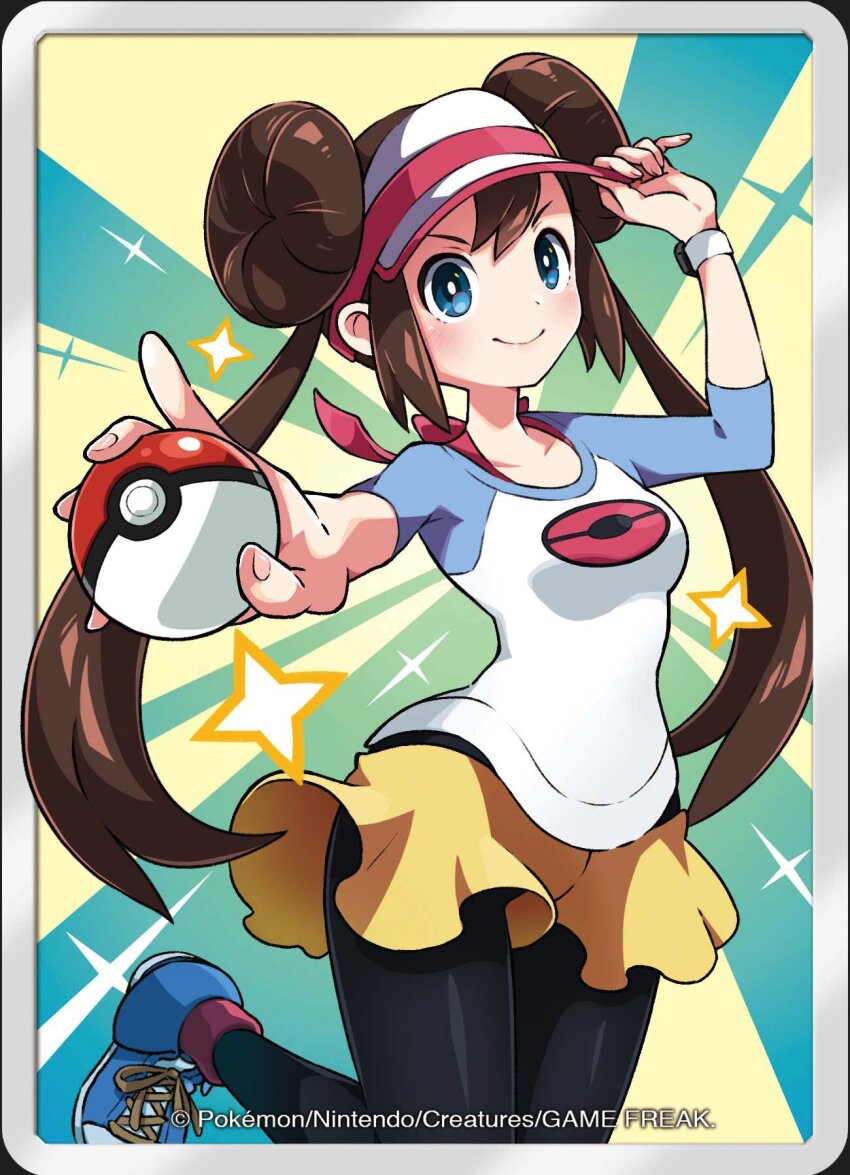 1girl, blue_eyes, blue_shoes, blush, closed_mouth, commentary_request, company_name, copyright_name