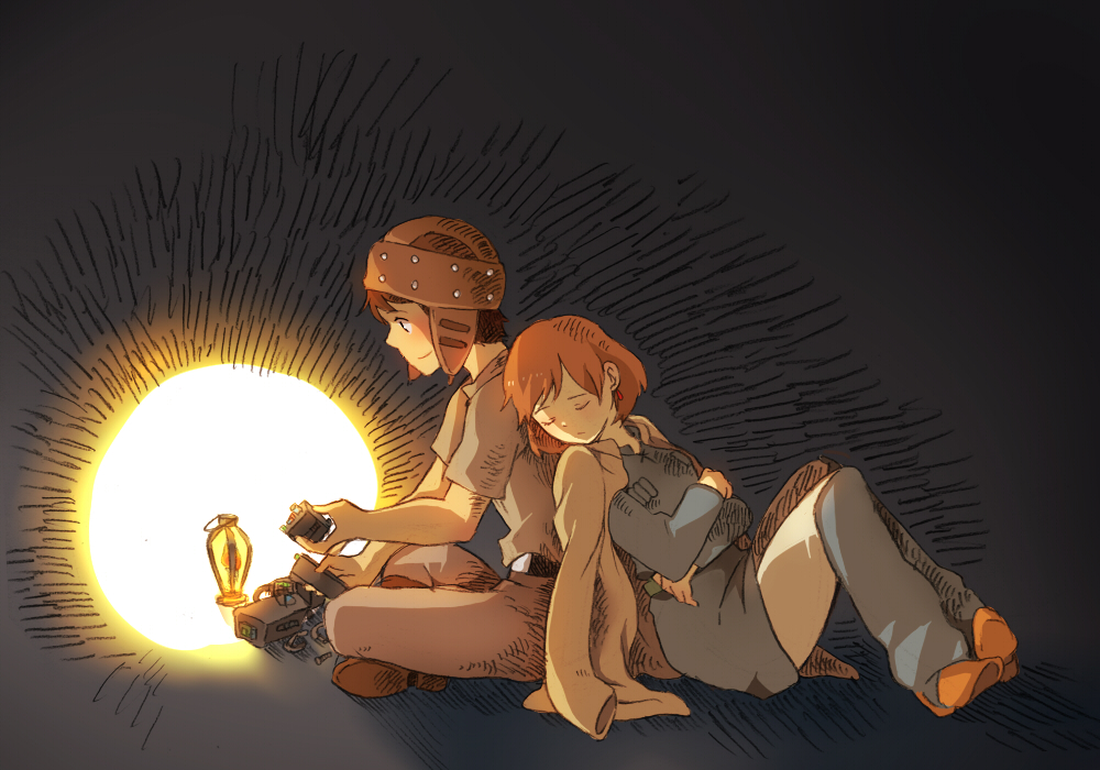 1980s_(style), 1boy, 1girl, asbel, asbel_(nausicaa), back-to-back, bad_id, bad_pixiv_id, borrowed_clothes, brown_hair, closed_eyes, earrings, hat, honoboooono, jewelry, kaze_no_tani_no_nausicaa, nausicaa, oldschool, retro_artstyle, short_hair, sleeping, studio_ghibli