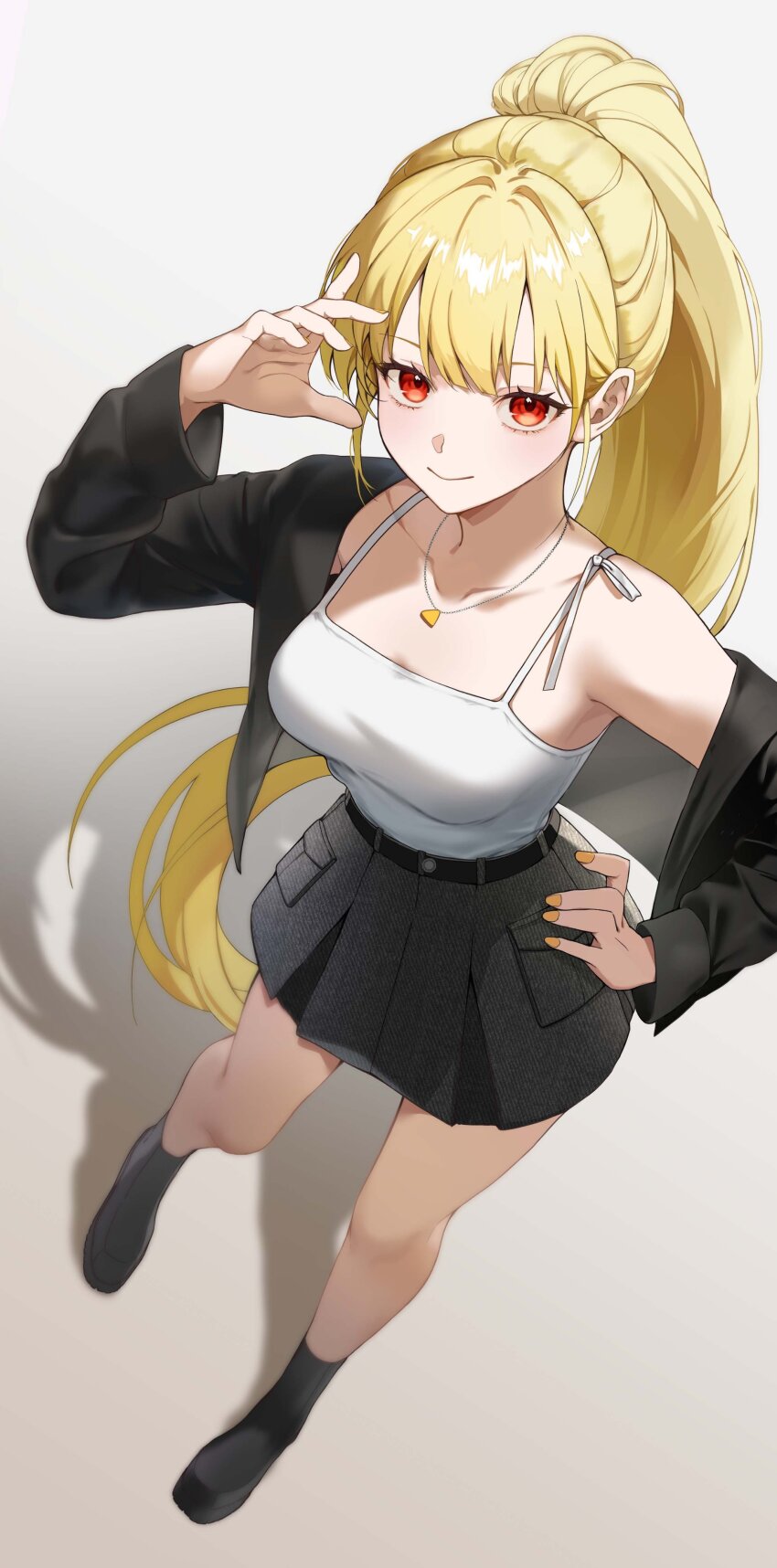 1girl, absurdres, belt, black_belt, black_jacket, black_shoes, black_skirt, blonde_hair