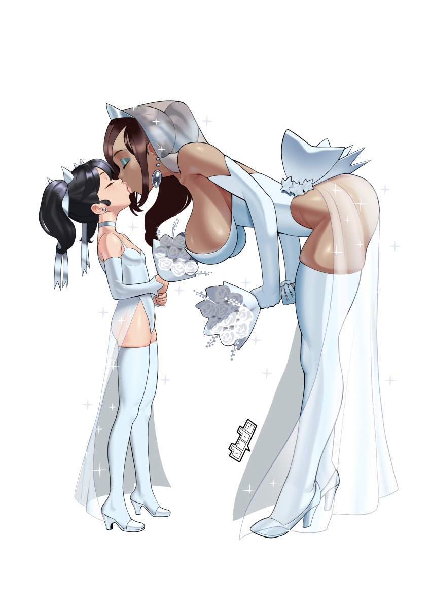 2girls, absurdres, age_difference, black_hair, bouquet, breasts, bridal_gauntlets, bridal_veil, brown_hair, commission, dark-skinned_female, dark_skin, dress, dude-doodle, ear_piercing, earrings, flower, from_side, full_body, hanging_breasts, high_heels, highres, holding, holding_bouquet, jewelry, kiss, large_breasts, leaning_forward, leotard, loli, makeup, mature_female, medium_hair, multiple_girls, onee-loli, original, piercing, ribbon, shoes, short_twintails, signature, simple_background, size_difference, small_breasts, stiletto_heels, twintails, veil, waist_ribbon, wedding_dress, white_background, white_leotard, white_ribbon, white_shoes, wife_and_wife, yuri