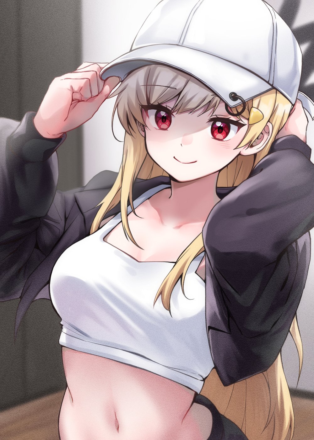1girl, adjusting_clothes, adjusting_headwear, baseball_cap, black_jacket, blonde_hair, blush, breasts, closed_mouth, collarbone, crop_top, cropped_jacket, ekfrleks1, film_grain, hand_on_own_head, hands_up, hashtag-only_commentary, hat, highres, jacket, jingburger, large_breasts, long_hair, long_sleeves, looking_at_viewer, navel, open_clothes, open_jacket, red_eyes, smile, solo, stomach, tank_top, upper_body, very_long_hair, virtual_youtuber, waktaverse, white_hat, white_tank_top