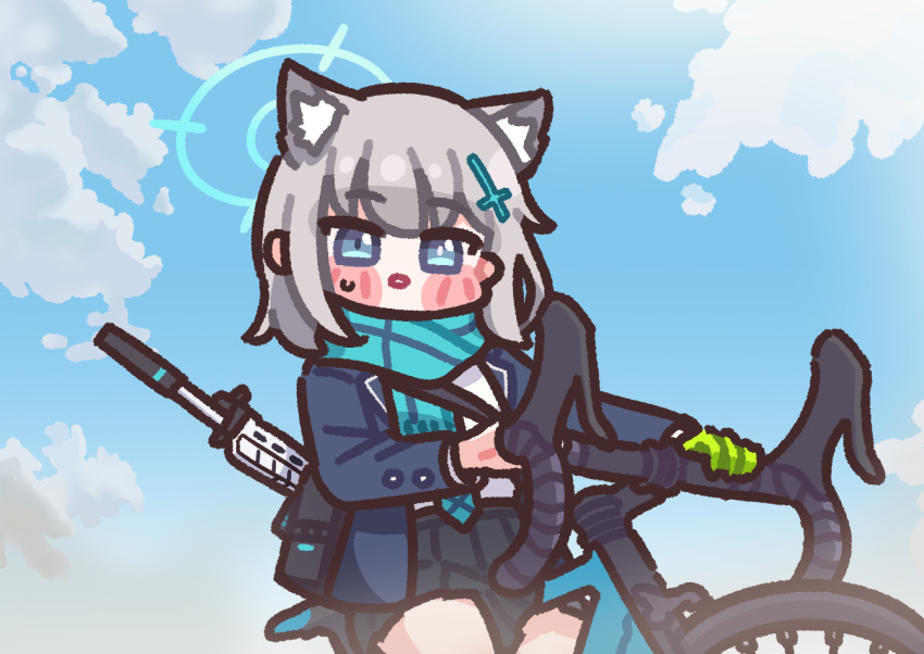 bicycle, blue_archive, blue_sky, blush_stickers, bugi_33, chibi, chibi_only, cloud