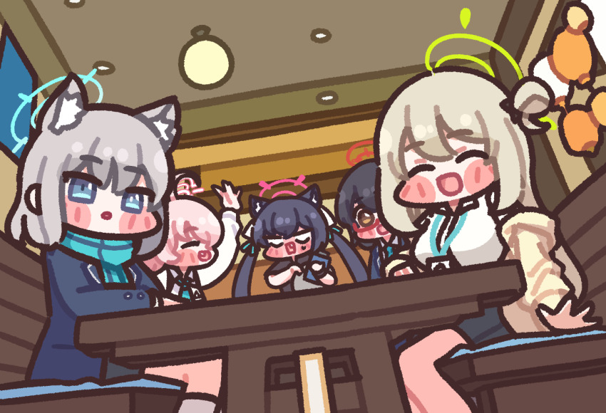 5girls, ayane_(blue_archive), blue_archive, bugi_33, chair, chibi, chibi_only, halo, hoshino_(blue_archive), indoors, laughing, looking_at_viewer, multiple_girls, nonomi_(blue_archive), serika_(blue_archive), shiroko_(blue_archive), table