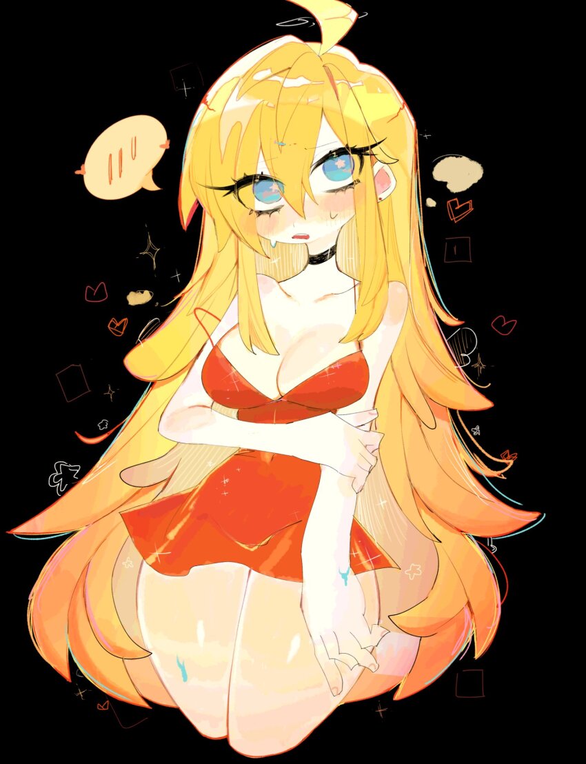 1girl, ahoge, blonde_hair, blue_eyes, blush, breasts, dress, embarrassed