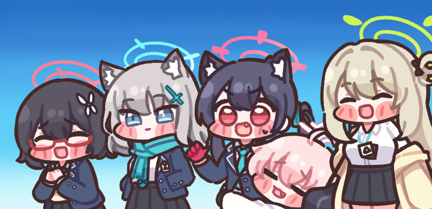 5girls, ayane_(blue_archive), blue_archive, blue_sky, blush_stickers, bugi_33, chibi, chibi_only