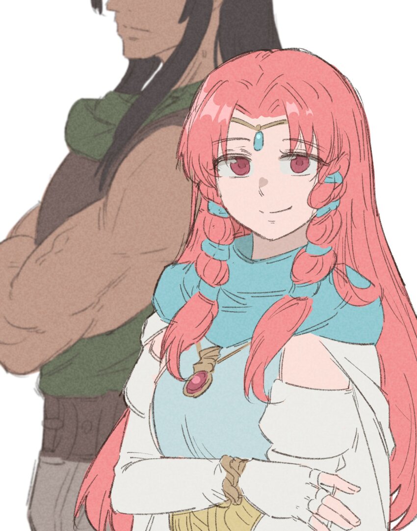 1boy, 1girl, black_hair, brown_shirt, circlet, crossed_arms, deen_(fire_emblem:_thracia_776), dress, ebinku, eyes_out_of_frame, fingerless_gloves, fire_emblem, fire_emblem:_thracia_776, gloves, head_out_of_frame, highres, linoan_(fire_emblem), long_hair, looking_at_viewer, nintendo, pink_eyes, pink_hair, shirt, sleeveless, sleeveless_shirt, smile, solo_focus, white_dress