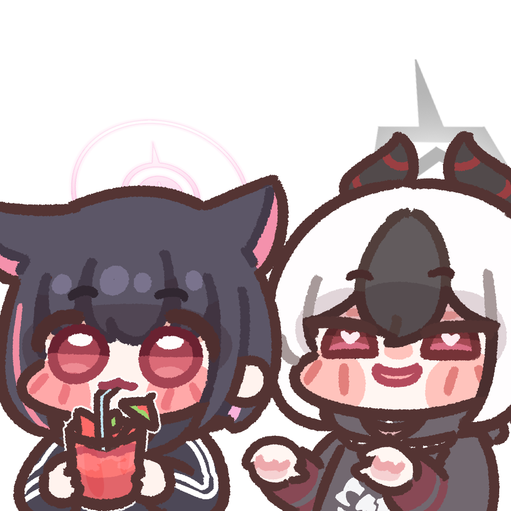 2girls, blue_archive, blush_stickers, bugi_33, chibi, chibi_only, drinking, halo, heart, heart-shaped_pupils, juice, kayoko_(blue_archive), kazusa_(blue_archive), looking_at_another, multiple_girls, symbol-shaped_pupils, watermelon_juice, white_background