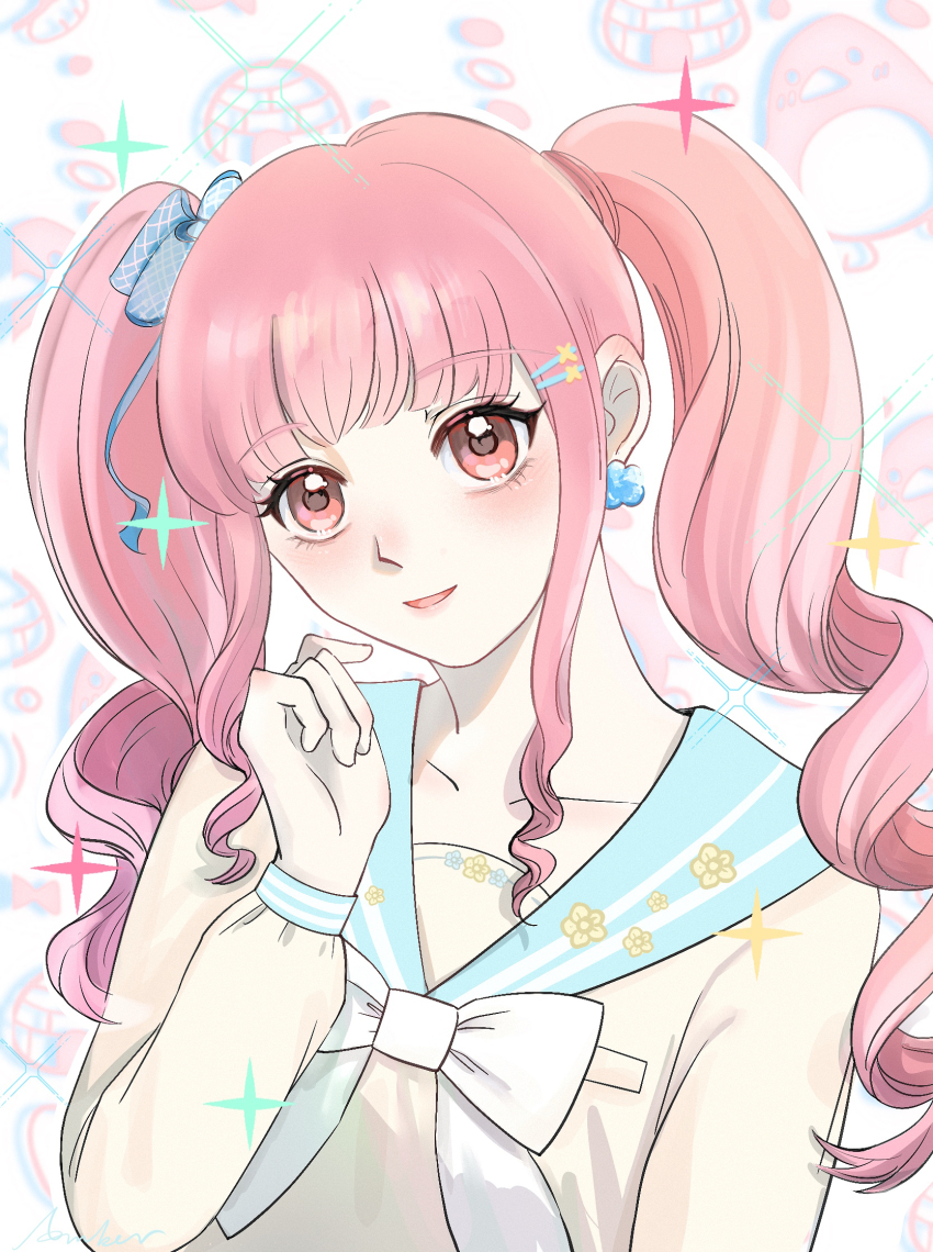 1girl, animal_background, bird, blue_bow, blue_sailor_collar, blunt_bangs, bow, bowtie, breast_pocket, chinese_commentary, cloud_earrings, collarbone, commentary_request, crazygirlisme, drill_hair, eyelashes, floral_print, hair_bow, hand_up, highres, igloo, infinity_nikki, long_hair, long_sleeves, nikki_(nikki), nikki_(series), outline, penguin, pink_eyes, pink_hair, plaid_bow, pocket, procreate_(medium), sailor_collar, school_days_(infinity_nikki), school_uniform, serafuku, shirt, sidelocks, snow_shelter, solo, sparkle, twin_drills, twintails, upper_body, white_bow, white_bowtie, white_outline, white_shirt