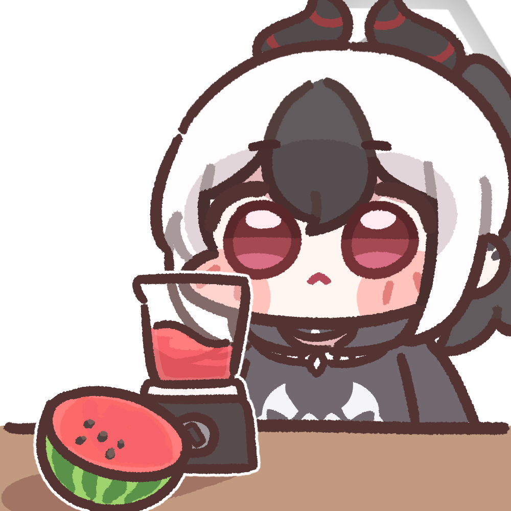 blue_archive, blush_stickers, bugi_33, chibi, chibi_only, food, fruit, halo, juice, kayoko_(blue_archive), looking_at_object, solo, table, watermelon, watermelon_juice, white_background