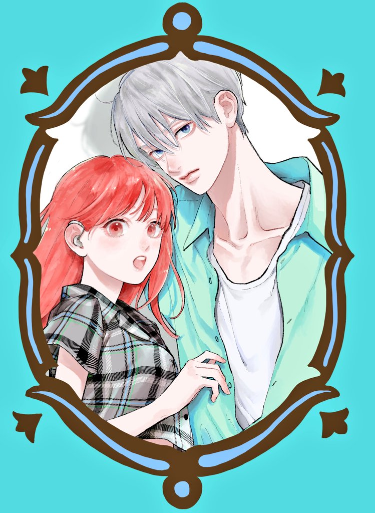 1boy, 1girl, aqua_border, border, closed_mouth, collarbone, collared_shirt, commentary_request