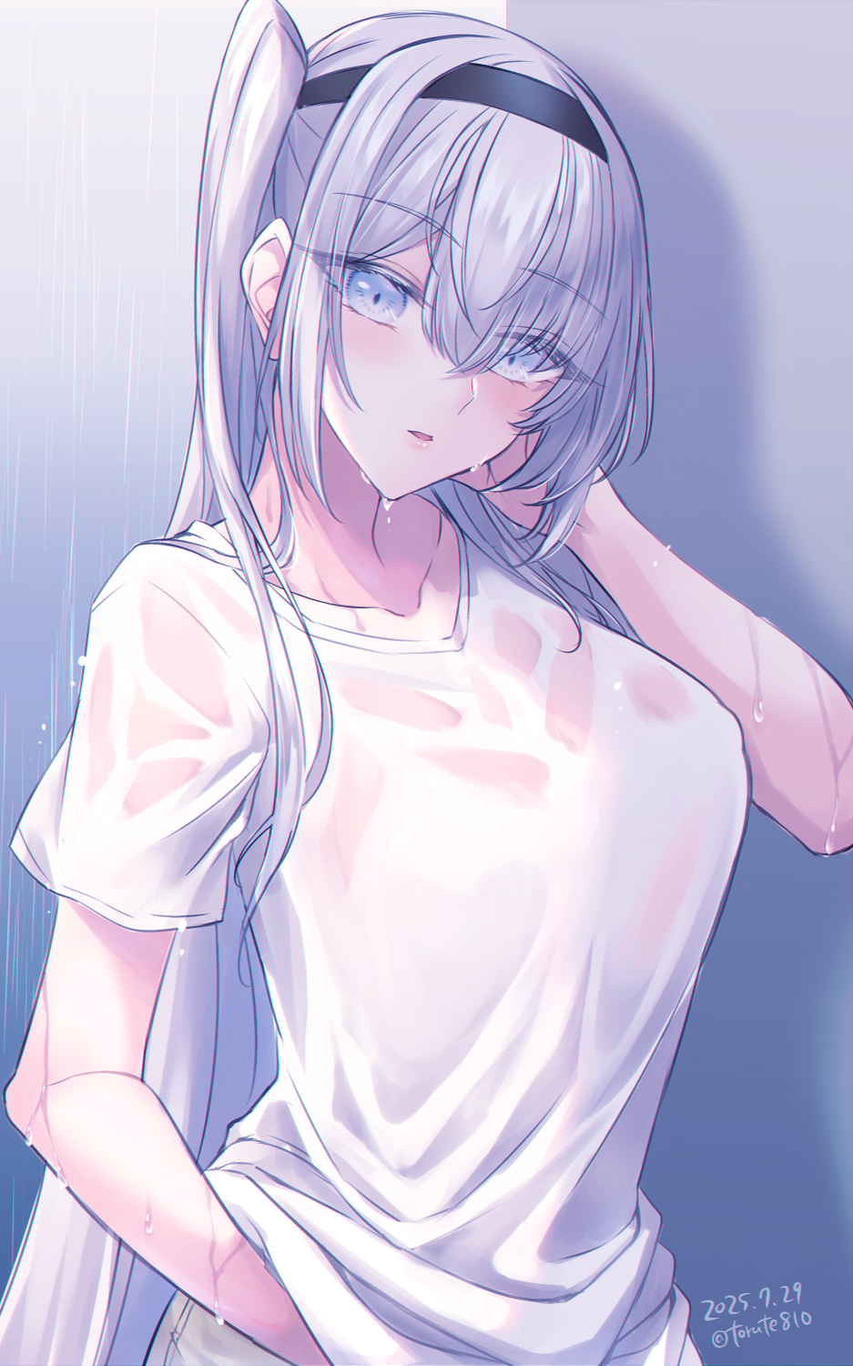 1girl, black_headband, blue_eyes, blush, breasts, commentary_request, dated, fuyutsuki_(kancolle), fuyutsuki_(rainy_season)_(kancolle), grey_hair, hair_between_eyes, hand_under_clothes, headband, highres, kabocha_torute, kantai_collection, large_breasts, long_hair, looking_at_viewer, one-hour_drawing_challenge, one_side_up, parted_lips, see-through_clothes, shirt, short_sleeves, simple_background, solo, twitter_username, upper_body, very_long_hair, wet, wet_clothes, wet_shirt, white_shirt