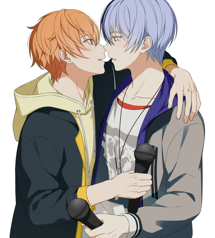 2boys, aoyagi_touya, arm_around_shoulder, black_jacket, blue_hair, brown_eyes, collarbone, commentary
