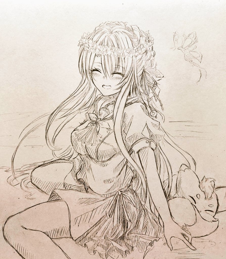 1girl, :d, ^_^, ascot, blush, bow, bug, butterfly