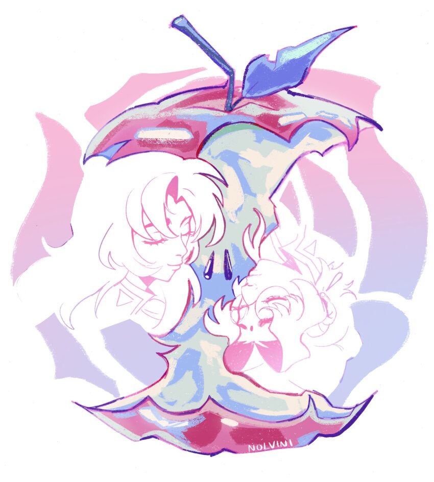 2girls, apple, bindi, bitten_apple, closed_eyes, commentary, english_commentary, food