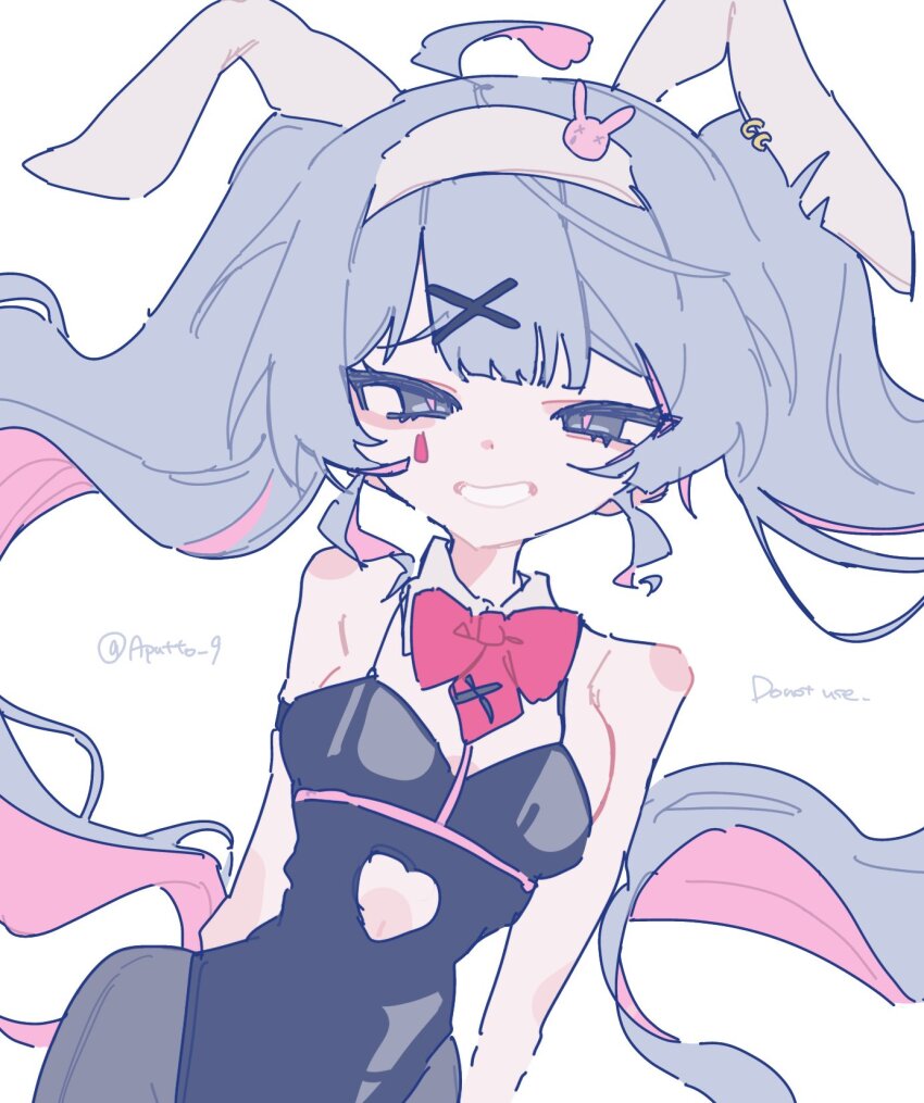 1girl, ahoge, animal_ears, apu_(aputto_9), black_leotard, blue_hair, clothing_cutout, cowboy_shot