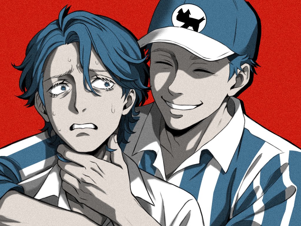 2boys, arm_around_neck, baseball_cap, blue_eyes, blue_hair, closed_eyes, collared_shirt, commentary_request