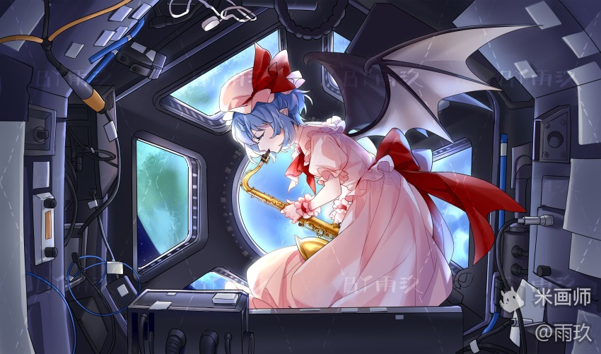 1girl, absurdres, ascot, bat_wings, blue_hair, cable, closed_eyes, collared_shirt