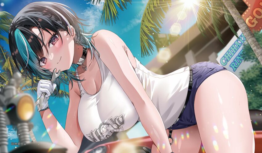 1girl, asymmetrical_bangs, belt, bent_over, black_hair, blue_shorts, blurry, blurry_foreground