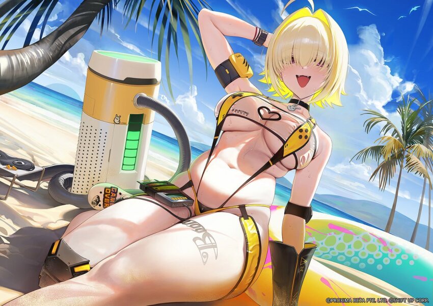 1girl, ame_(uten_cancel), arm_behind_head, arm_support, arm_up, beach, black_choker, blonde_hair