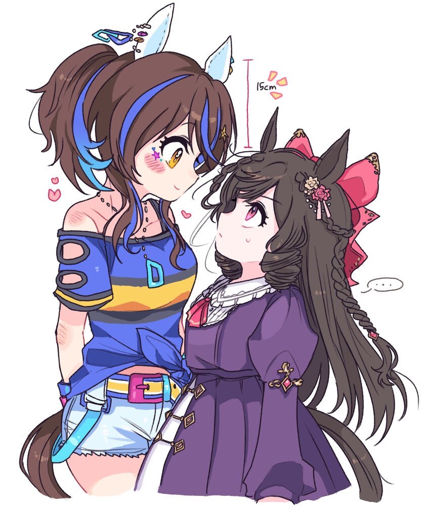 animal_ears, brown_hair, daiichi_ruby_(brilliant_red_gemstone)_(umamusume), daiichi_ruby_(umamusume), daitaku_helios_(fun_fun_party_night)_(umamusume), daitaku_helios_(umamusume), height_difference, highres