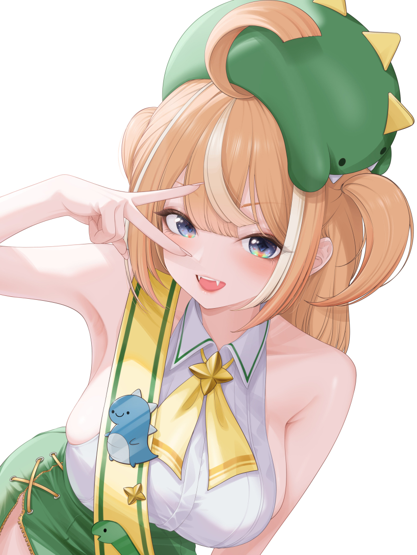 1girl, absurdres, ahoge, arm_up, armpits, bare_arms, bare_shoulders, blonde_hair