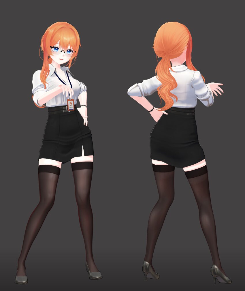 absurdres, arms_up, back, black_background, black_shoes, bracelet, breasts, collared_shirt