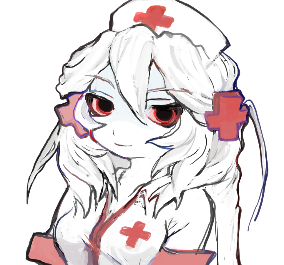 1girl, 8eyes, colored_sclera, colored_skin, hair_between_eyes, hair_ornament, hat, long_hair