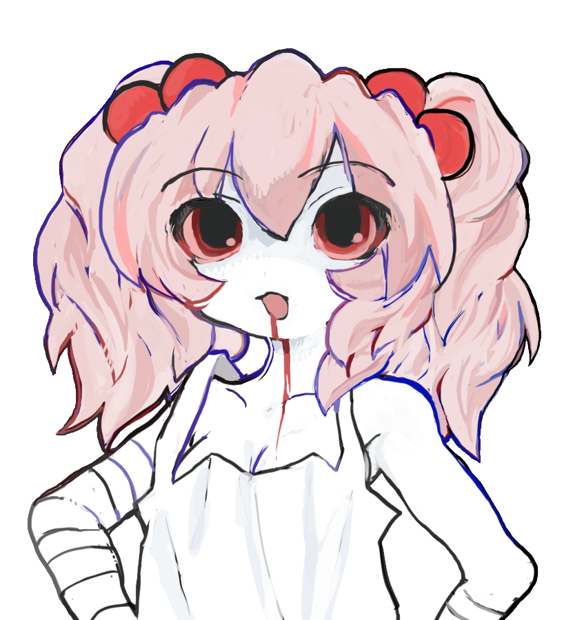 1girl, 2000s_(style), 8eyes, bandaged_arm, bandages, blood, blood_from_mouth, breasts, cleavage, collarbone, colored_sclera, hair_bobbles, hair_ornament, infectiongirl_(8eyes), open_mouth, pink_hair, pink_sclera, red_eyes, rgb_paw, twintails, yogurt200