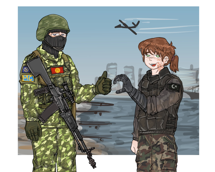 an-94, assault_rifle, balaclava, beach, brown_hair, camouflage, city, crescent