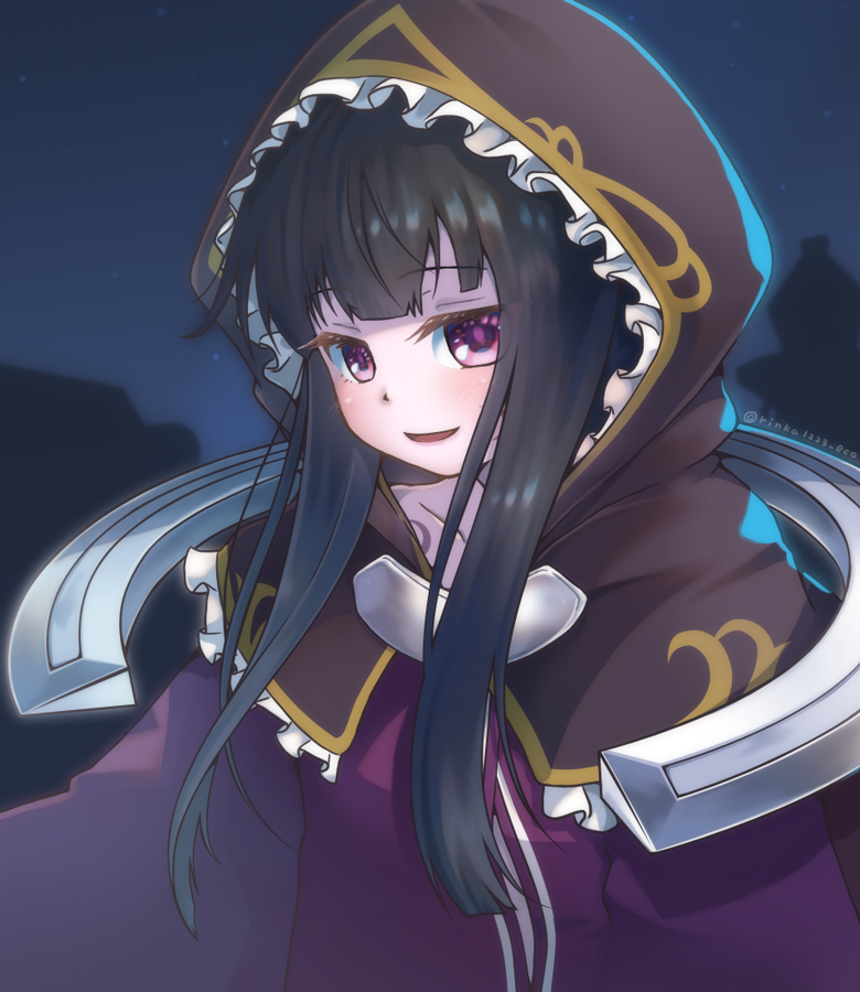 1girl, black_hair, black_hood, breasts, death_alma, emil_chronicle_online, frilled_hood, frills