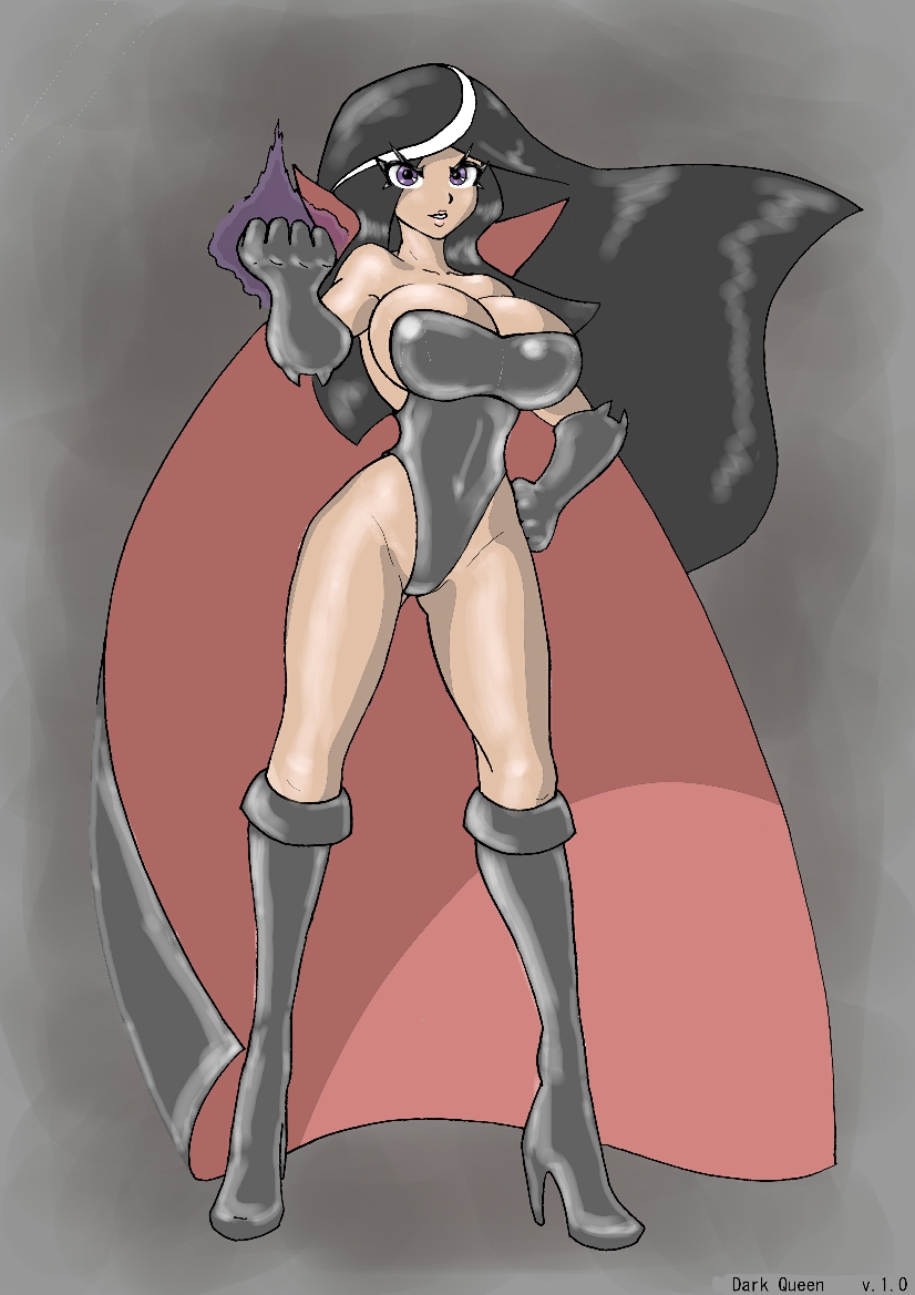 1girl, bare_shoulders, battletoads, black_hair, breasts, cleavage, dark_queen, large_breasts