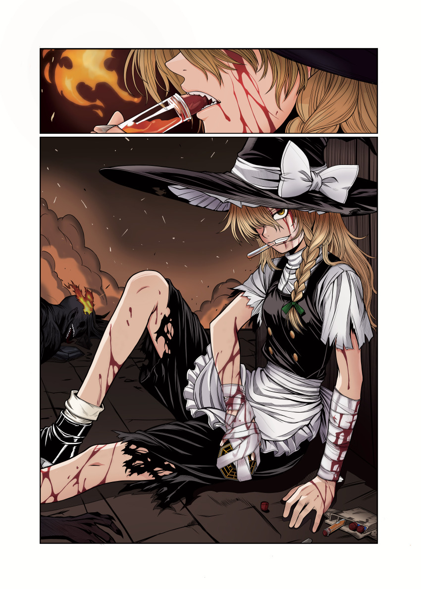 absurdres, after_battle, apron, bandaged_arm, bandaged_hand, bandages, black_hat, black_pants