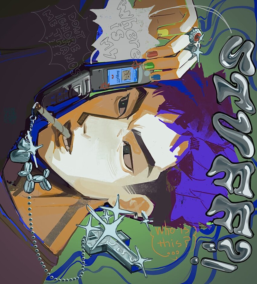 1boy, balloon_animal, black_eyes, blue_nails, cellphone, chain, cigarette, commentary