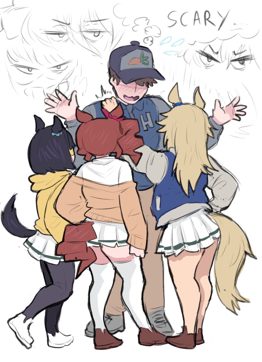 absurdres, animal_ears, baseball_cap, black_hair, black_pantyhose, blonde_hair, blush, bow