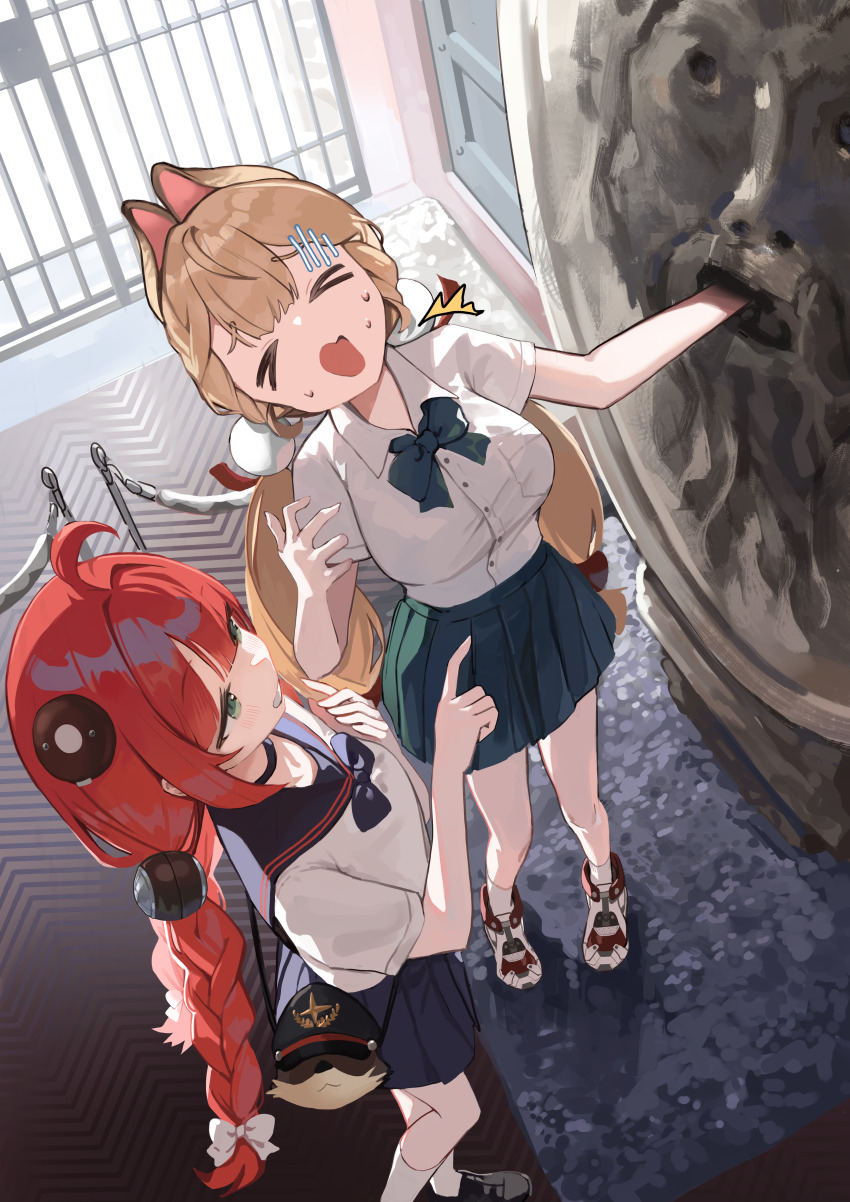 >_<, 2girls, absurdres, alice_thymefield, animal_ears, bag, blonde_hair, blue_skirt, bocca_della_verita, braid, breasts, commentary_request, green_eyes, green_skirt, grin, hair_ornament, handbag, highres, kneehighs, large_breasts, loafers, long_hair, multiple_girls, open_mouth, pleated_skirt, red_hair, school_uniform, seorang, serafuku, shoes, skirt, smile, socks, sphere_hair_ornament, sweatdrop, twin_braids, twintails, ukinami_yuzuha, very_long_hair, white_socks, zenless_zone_zero