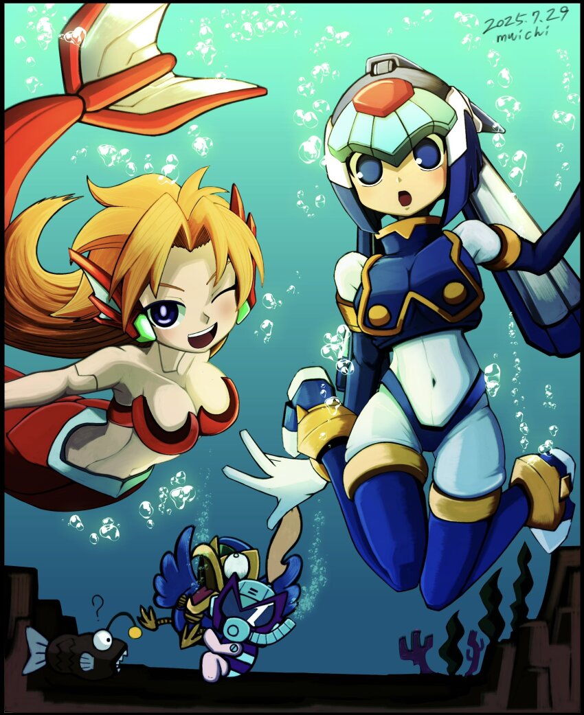 agetatekoron2, android, armor, artist_name, blonde_hair, blue_armor, blue_eyes, blue_helmet, breasts, cleavage, dated, fairy_leviathan_(mega_man), helmet, highres, in-franchise_crossover, long_hair, marty_(mega_man), medium_breasts, mega_man_(series), mega_man_x_(series), mega_man_zero_(series), mermaid, monster_girl, one_eye_closed, underwater