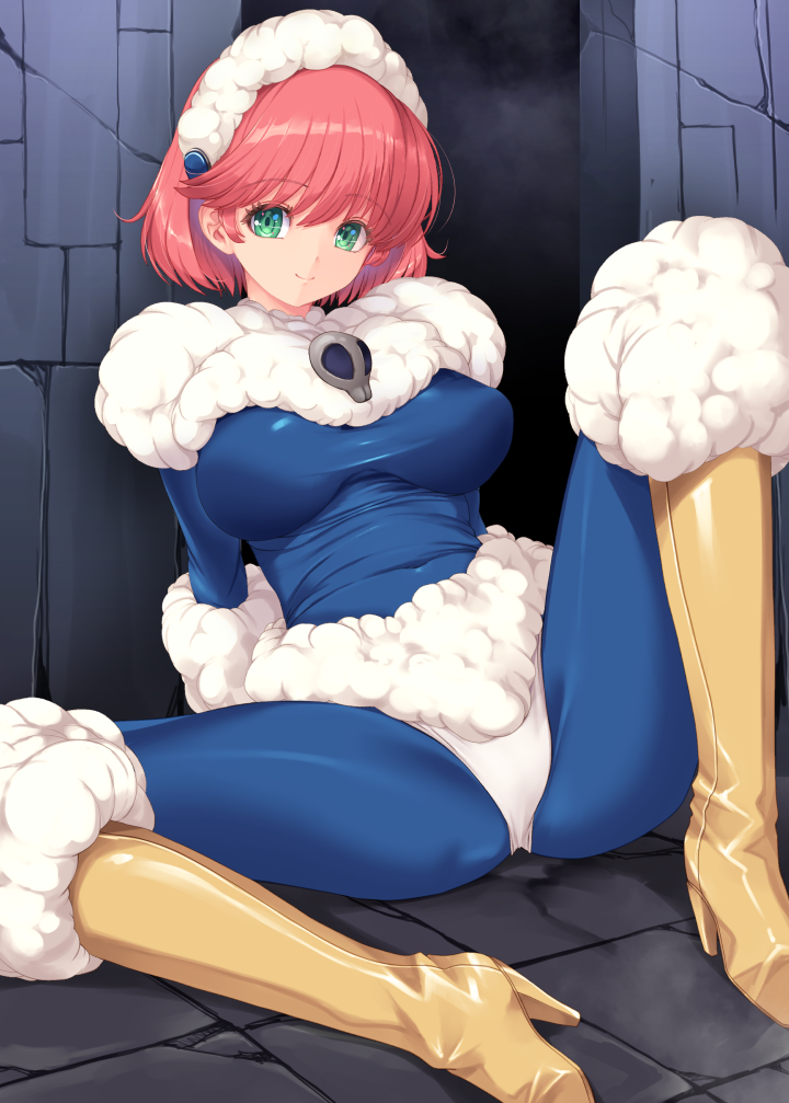 1girl, animal_costume, arm_warmers, beastmaster_(final_fantasy), blue_pants, blue_shirt, boots, breasts