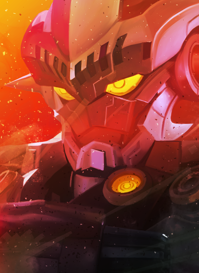 1boy, armor, commentary, full_armor, fumei_(mugendai), glowing, glowing_chest, glowing_eyes, gradient_background, jean-nine, light_particles, looking_ahead, male_focus, mecha, mecha_focus, multicolored_armor, no_humans, orange_background, portrait, red_armor, red_background, robot, silver_armor, solo, tokusatsu, two-tone_armor, two-tone_background, ultra_series, ultraman_ginga_(series), yellow_eyes