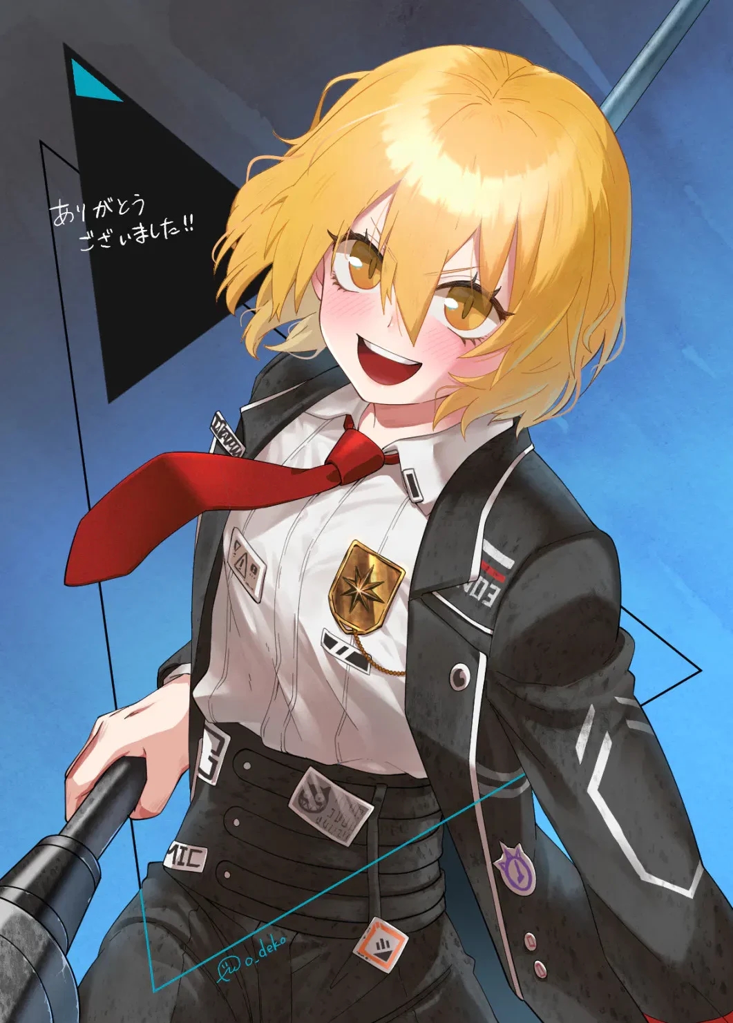 1girl, black_jacket, black_pants, blonde_hair, don_quixote_(project_moon), hair_between_eyes, highres, holding